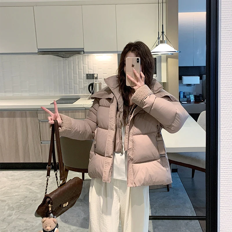 Damen nan kurz gesteppte Taillen-Pufferjacke mit kuscheligem Teddykragen und verstellbarem Schnallenriemen Drune