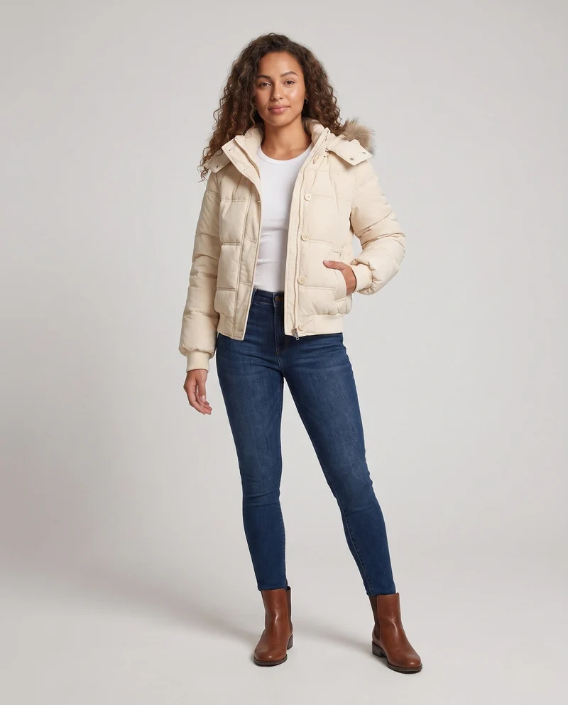 Damen kurze Pufferjacke mit Toggle-Verschlüssen, gerippten Bündchen und abnehmbarem Kapuzenbesatz