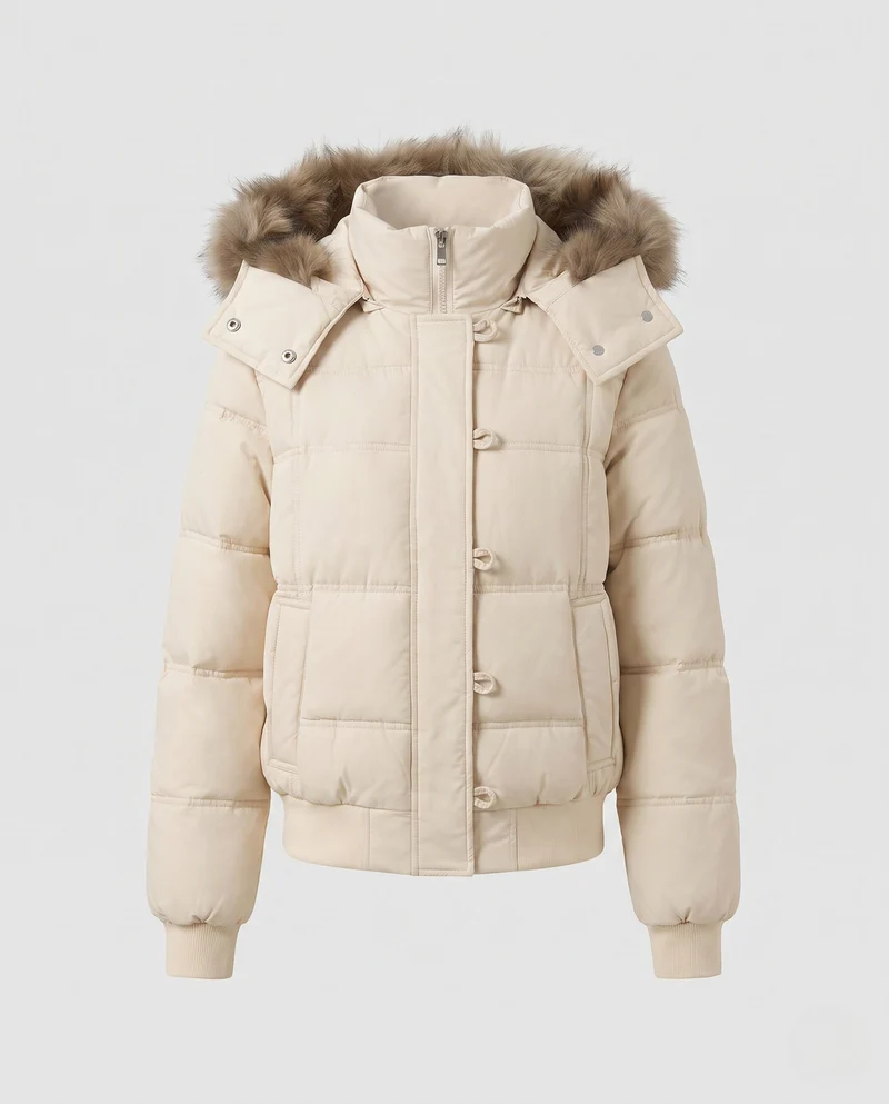 Damen kurze Pufferjacke mit Toggle-Verschlüssen, gerippten Bündchen und abnehmbarem Kapuzenbesatz