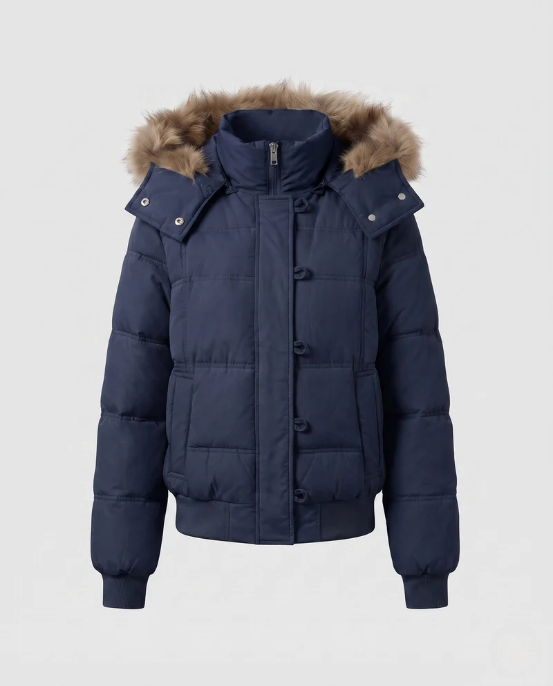 Damen kurze Pufferjacke mit Toggle-Verschlüssen, gerippten Bündchen und abnehmbarem Kapuzenbesatz