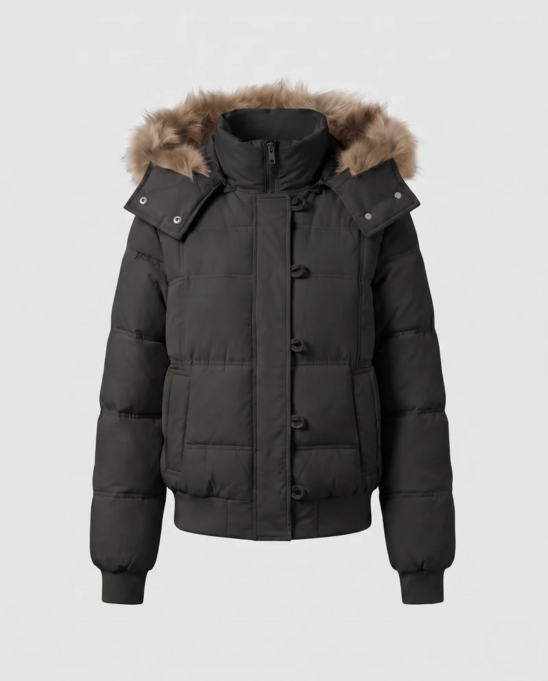 Damen kurze Pufferjacke mit Toggle-Verschlüssen, gerippten Bündchen und abnehmbarem Kapuzenbesatz