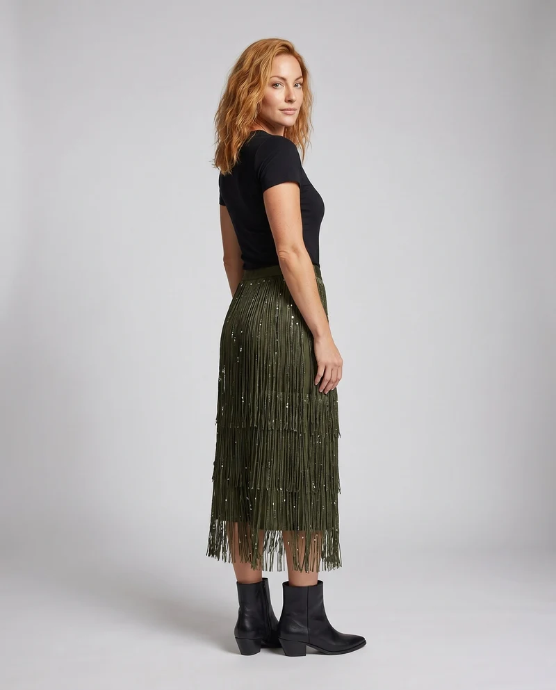 Damen Fransenrock mit glitzernden Details und schwingendem Design Drune