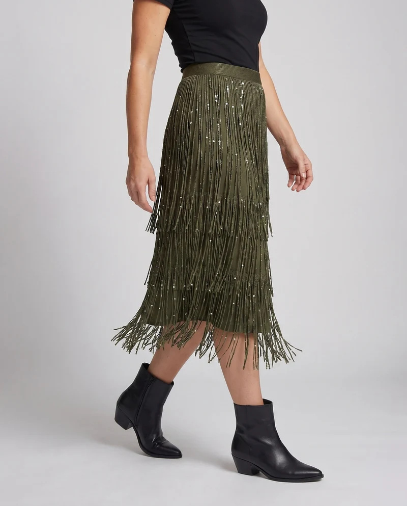 Damen Fransenrock mit glitzernden Details und schwingendem Design Drune