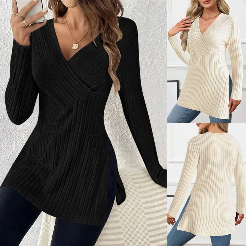 Damen Longpullover mit modernem Wickeldesign und eleganter Rippstruktur Drune