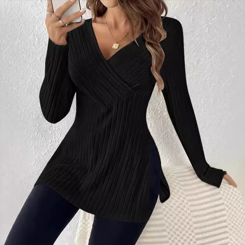 Damen Longpullover mit modernem Wickeldesign und eleganter Rippstruktur Drune
