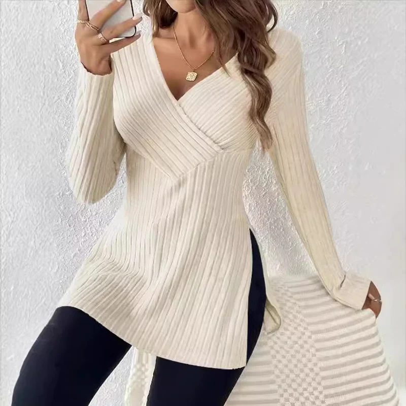 Damen Longpullover mit modernem Wickeldesign und eleganter Rippstruktur Drune