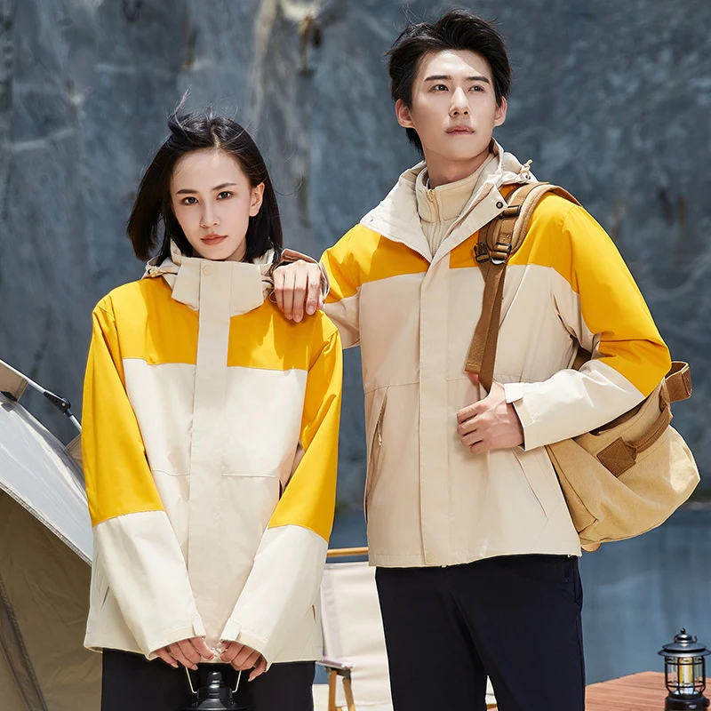 Unisex zweilagige wasserabweisende Outdoorjacke mit Kapuze und Colorblock-Design Drune