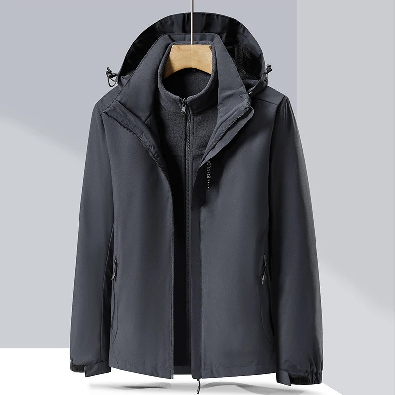 Herren zweilagige Softshell-Regenjacke mit abnehmbarem Fleece‑Innenlayer und verstellbarer Kapuze Drune