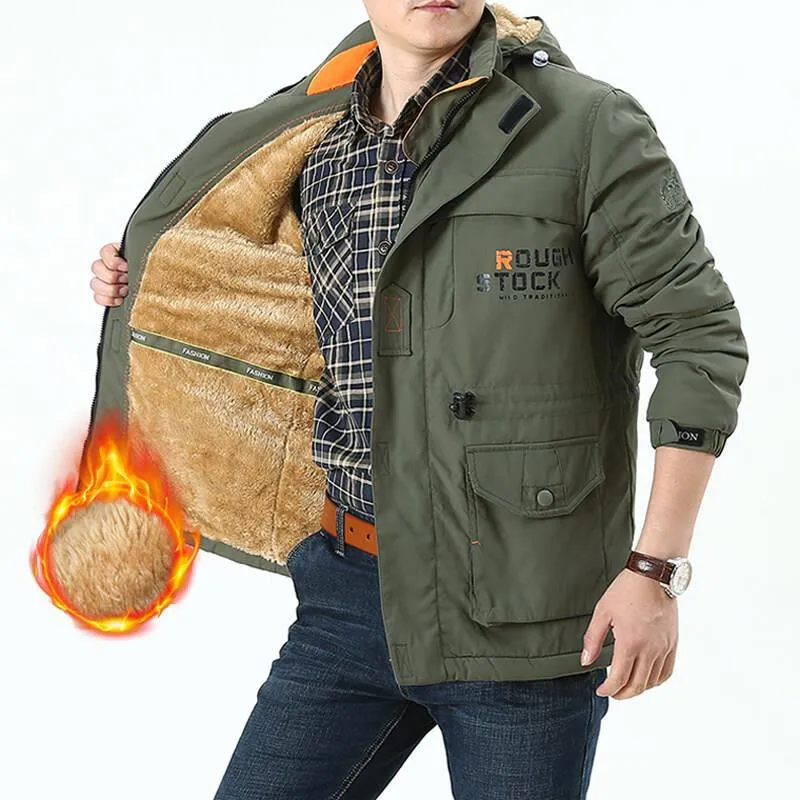 Herren winddichter Fieldparka mit wärmender Kunstfell‑Innenlage, Kapuze und multifunktionalen Taschen Drune