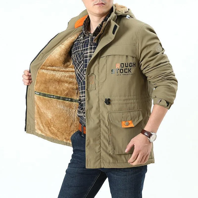 Herren winddichter Fieldparka mit wärmender Kunstfell‑Innenlage, Kapuze und multifunktionalen Taschen Drune