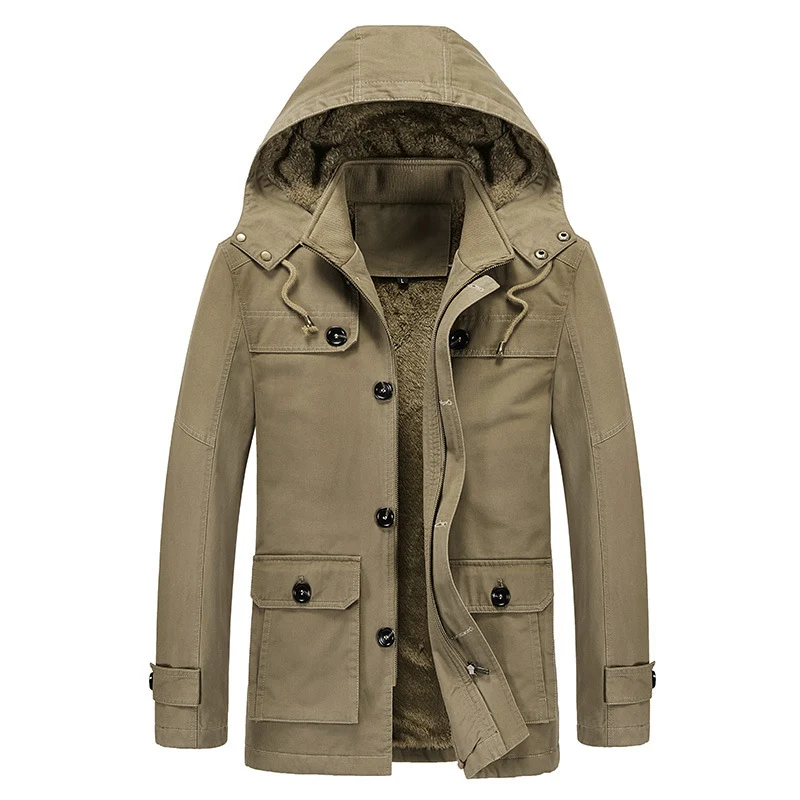 Herren Winddichter Canvas-Parka mit Teddyfleece-Innenfutter, Kapuze und Multifunktionstaschen Drune