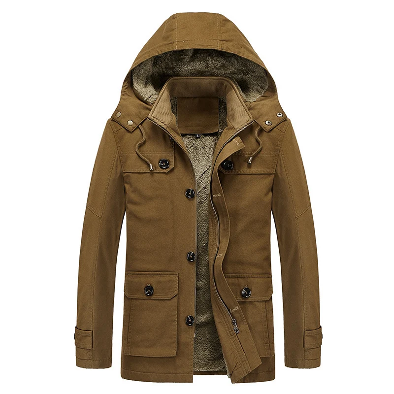 Herren Winddichter Canvas-Parka mit Teddyfleece-Innenfutter, Kapuze und Multifunktionstaschen Drune