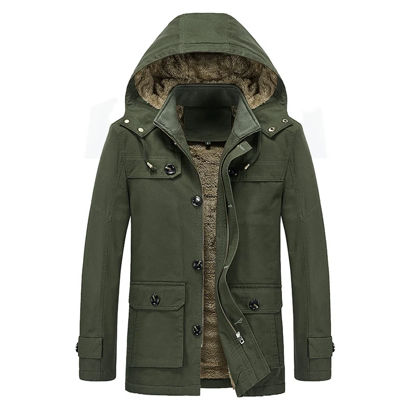 Herren Winddichter Canvas-Parka mit Teddyfleece-Innenfutter, Kapuze und Multifunktionstaschen Drune
