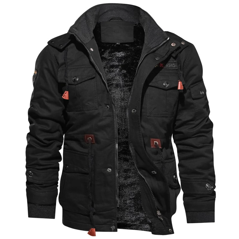 Herren winddichte Multifunktions‑Fieldjacke aus Canvas mit wärmender Teddyplüsch‑Innenlage und verstellbarem Kordzug Drune