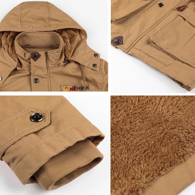 Herren winddichte Multifunktions‑Fieldjacke aus Canvas mit wärmender Teddyplüsch‑Innenlage und verstellbarem Kordzug Drune