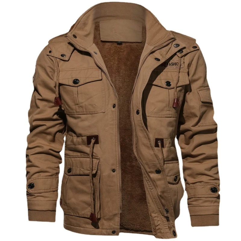 Herren winddichte Multifunktions‑Fieldjacke aus Canvas mit wärmender Teddyplüsch‑Innenlage und verstellbarem Kordzug Drune