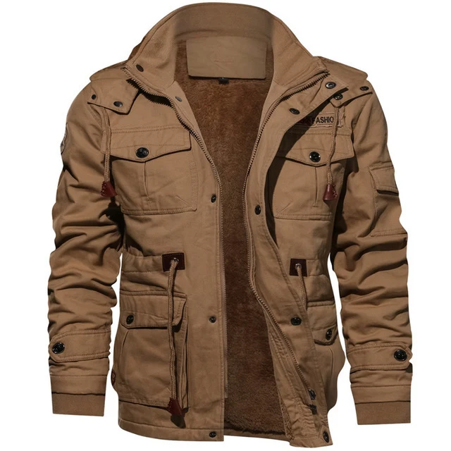 Herren winddichte Multifunktions‑Fieldjacke aus Canvas mit wärmender Teddyplüsch‑Innenlage und verstellbarem Kordzug Drune