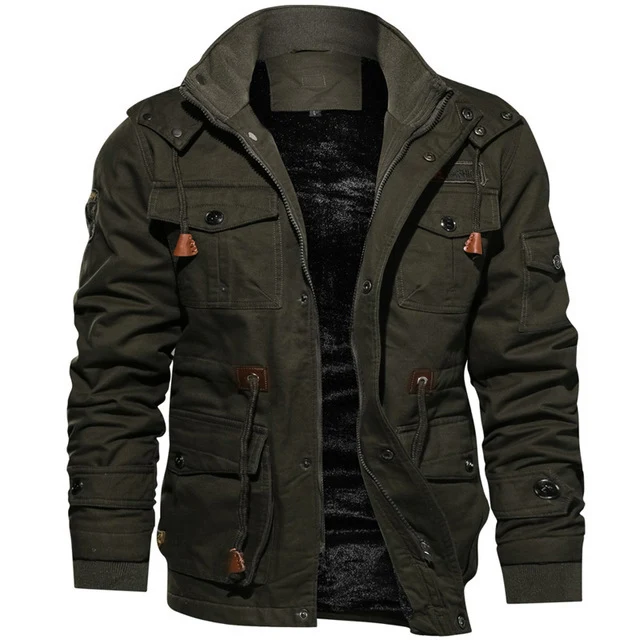 Herren winddichte Multifunktions‑Fieldjacke aus Canvas mit wärmender Teddyplüsch‑Innenlage und verstellbarem Kordzug Drune