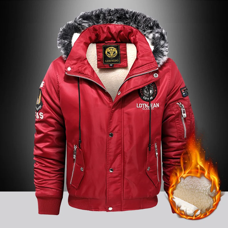 Herren Wattierter Pilotenbomber mit Teddyfleece‑Innenfutter, Kunstfellkapuze und Utility‑Taschen Drune