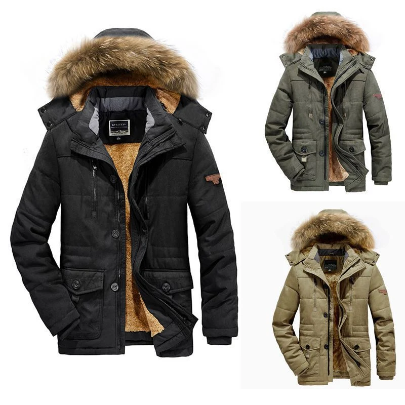 Herren wattierter Parka mit Kunstfellkapuze und Teddyfutter Drune