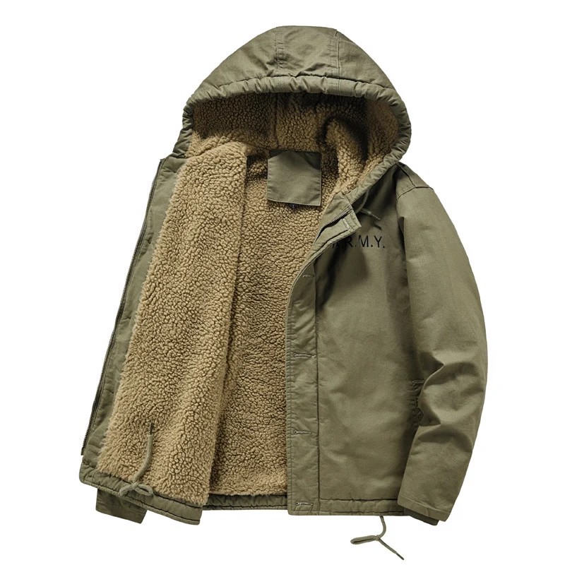 Herren wattierte Kapuzenjacke im Canvas‑Look mit Sherpa‑Futter und Militärprint Drune