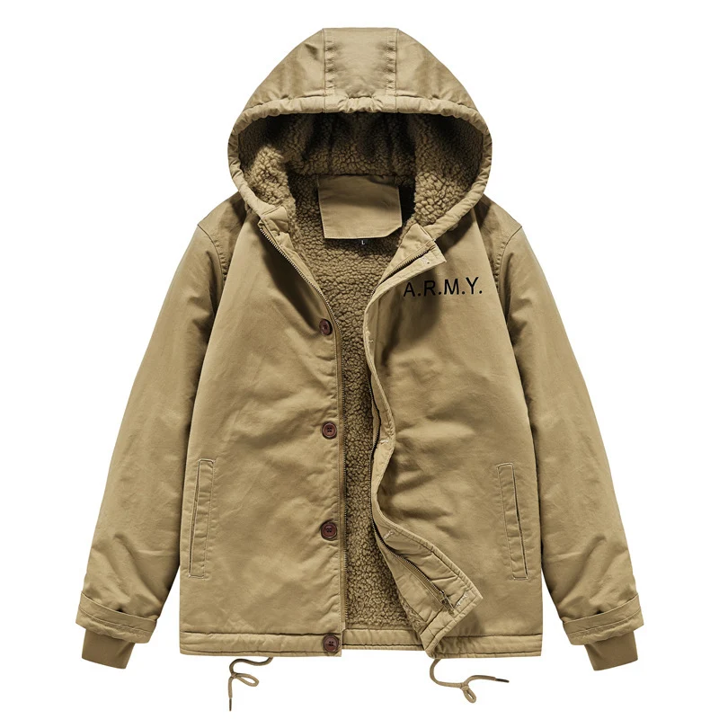 Herren wattierte Kapuzenjacke im Canvas‑Look mit Sherpa‑Futter und Militärprint Drune