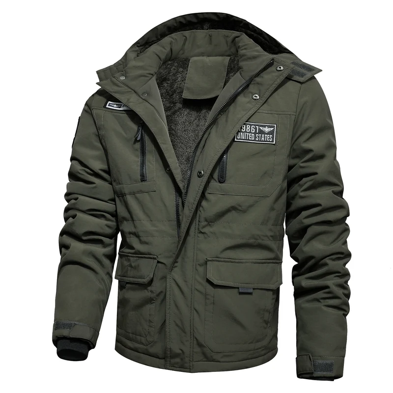 Herren wasserabweisender Utility-Parka mit Teddyfutter, Kapuze und Multifunktionstaschen Drune