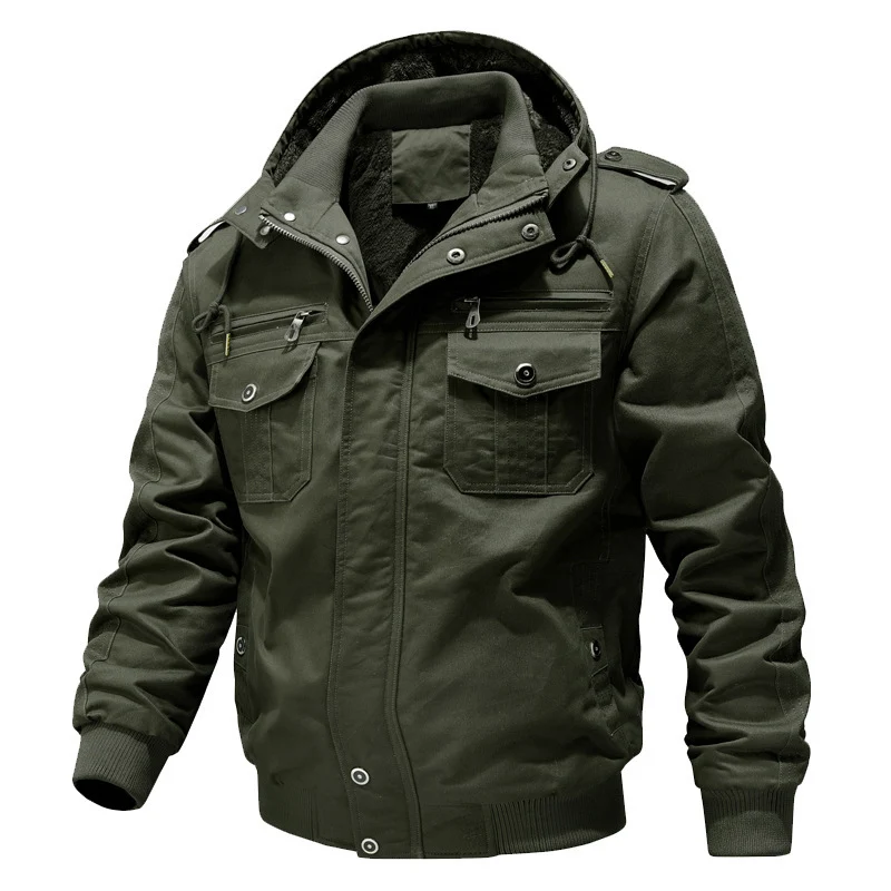 Herren Wasserabweisender Canvas-Bomber mit wärmender Sherpa-Innenlage, Kapuze und Utility-Taschen Drune