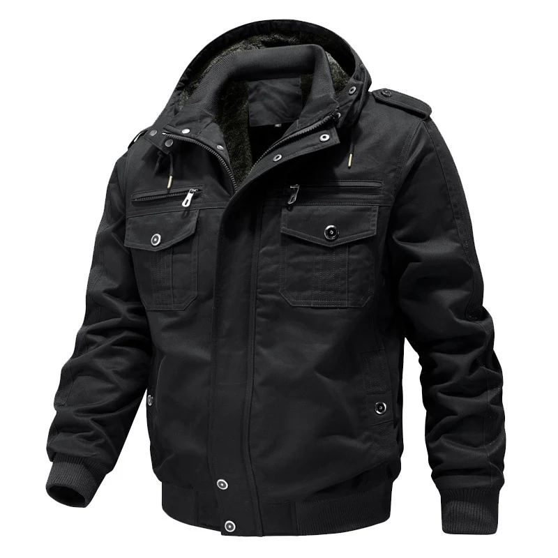 Herren Wasserabweisender Canvas-Bomber mit wärmender Sherpa-Innenlage, Kapuze und Utility-Taschen Drune