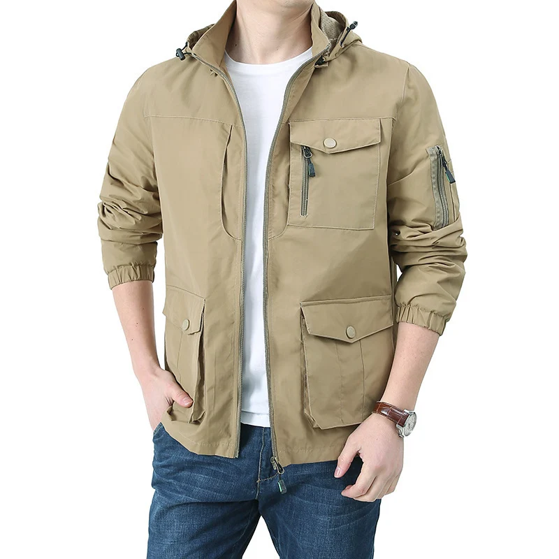 Herren wasserabweisende Kapuzen-Canvas-Fieldjacke mit verdecktem Zweiwege-Reißverschluss, elastischen Ärmelbündchen und Utility-Pattentaschen Drune