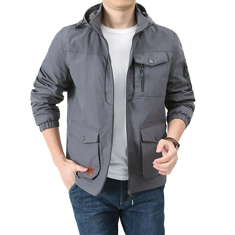 Herren wasserabweisende Kapuzen-Canvas-Fieldjacke mit verdecktem Zweiwege-Reißverschluss, elastischen Ärmelbündchen und Utility-Pattentaschen Drune
