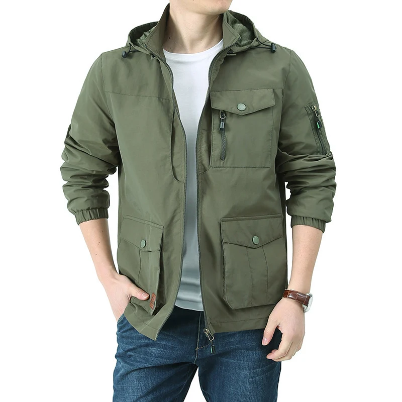 Herren wasserabweisende Kapuzen-Canvas-Fieldjacke mit verdecktem Zweiwege-Reißverschluss, elastischen Ärmelbündchen und Utility-Pattentaschen Drune