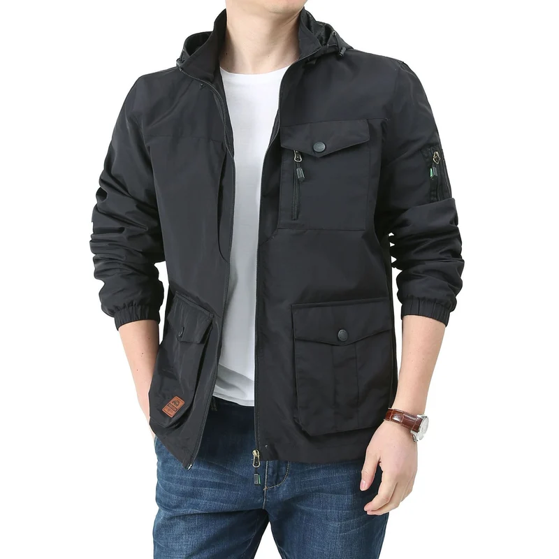 Herren wasserabweisende Kapuzen-Canvas-Fieldjacke mit verdecktem Zweiwege-Reißverschluss, elastischen Ärmelbündchen und Utility-Pattentaschen Drune