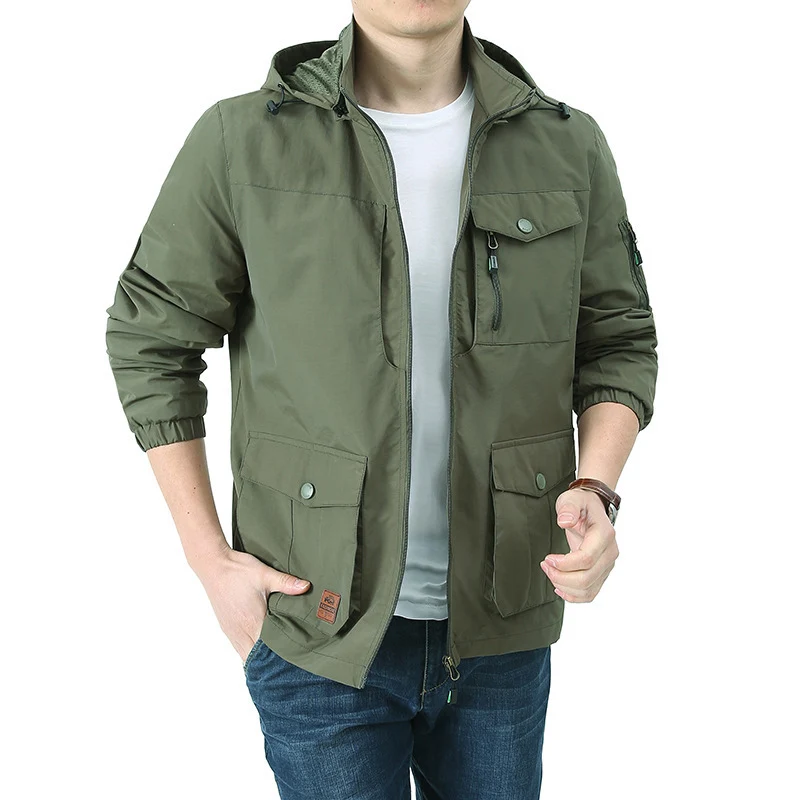 Herren wasserabweisende Kapuzen-Canvas-Fieldjacke mit verdecktem Zweiwege-Reißverschluss, elastischen Ärmelbündchen und Utility-Pattentaschen Drune