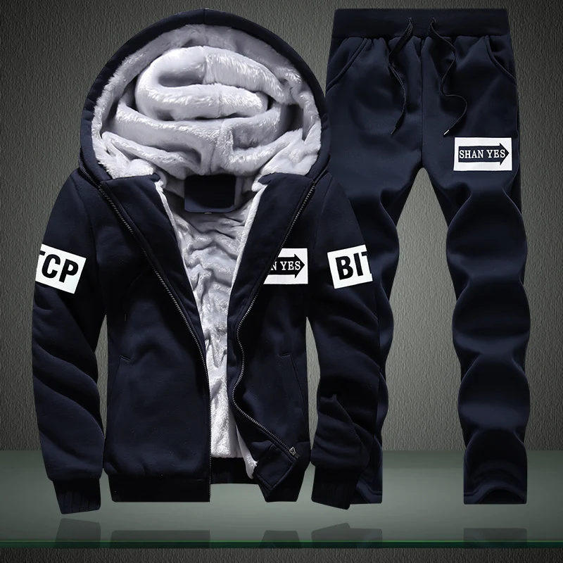 Herren warmes zweiteiliges Trainingsset mit Teddyfutter, Kapuzenjacke und Kordel-Jogginghose Drune