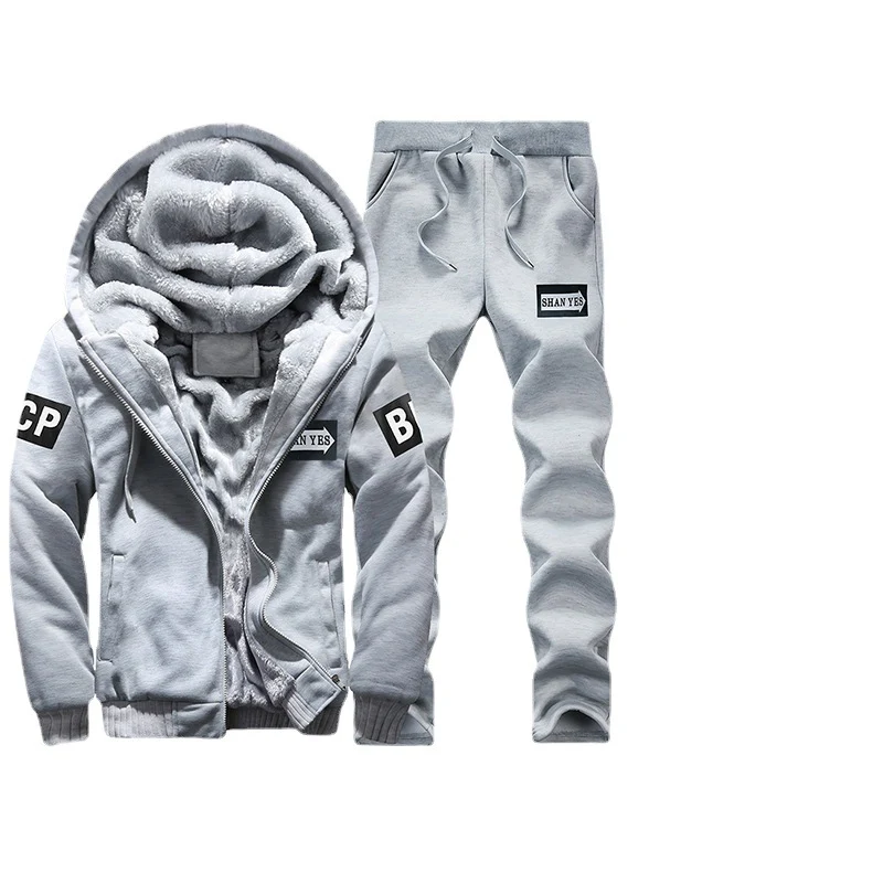 Herren warmes zweiteiliges Trainingsset mit Teddyfutter, Kapuzenjacke und Kordel-Jogginghose Drune