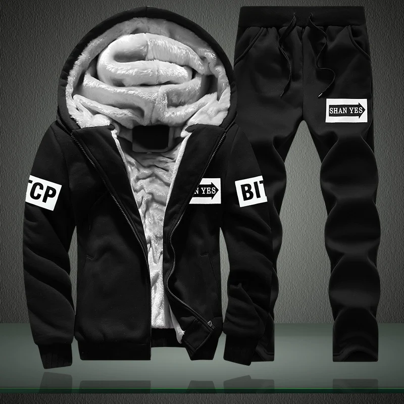 Herren warmes zweiteiliges Trainingsset mit Teddyfutter, Kapuzenjacke und Kordel-Jogginghose Drune