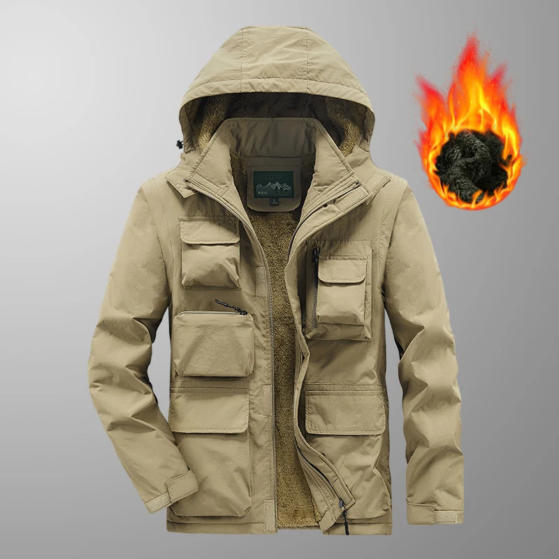 Herren Wärmender Multifunktions-Parka mit Teddyfleece-Innenfutter, Kapuze und Utility-Taschen Drune