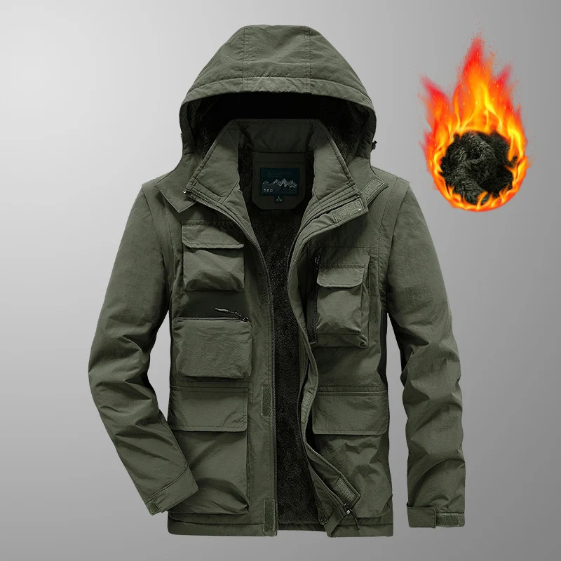 Herren Wärmender Multifunktions-Parka mit Teddyfleece-Innenfutter, Kapuze und Utility-Taschen Drune