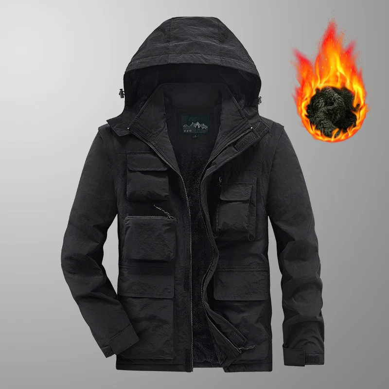 Herren Wärmender Multifunktions-Parka mit Teddyfleece-Innenfutter, Kapuze und Utility-Taschen Drune