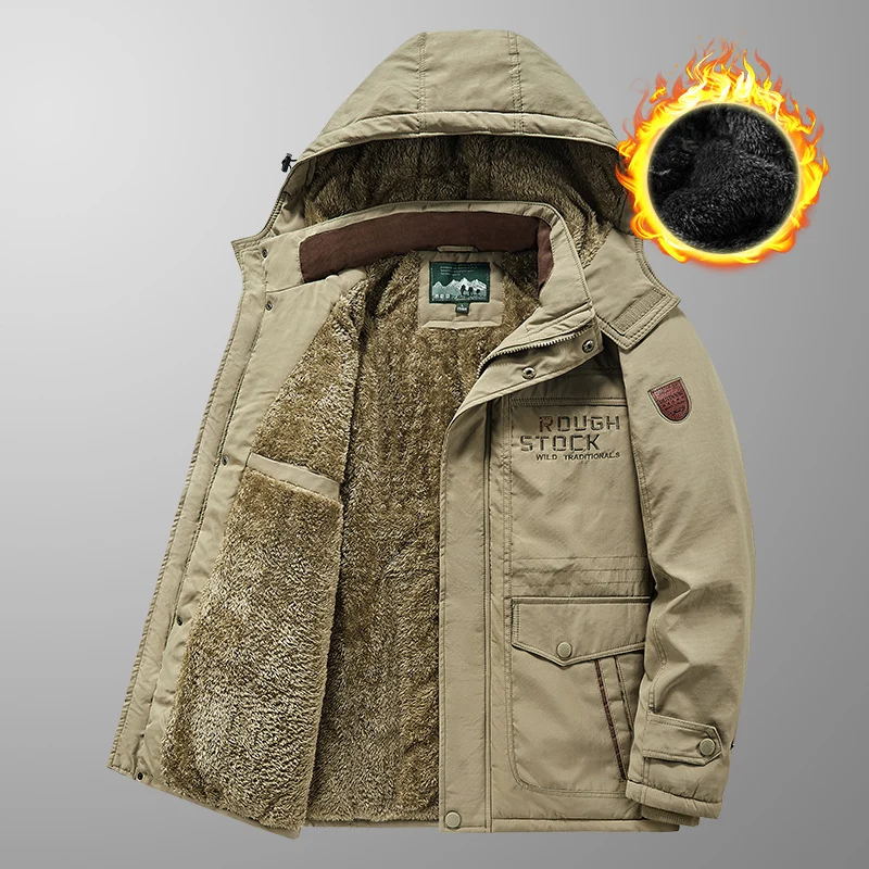 Herren wärmender gefütterter Kapuzenparka mit durchgehendem Teddyfleecefutter und Utility‑Taschen Drune