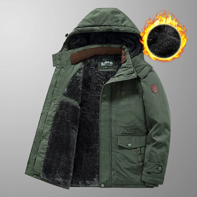 Herren wärmender gefütterter Kapuzenparka mit durchgehendem Teddyfleecefutter und Utility‑Taschen Drune