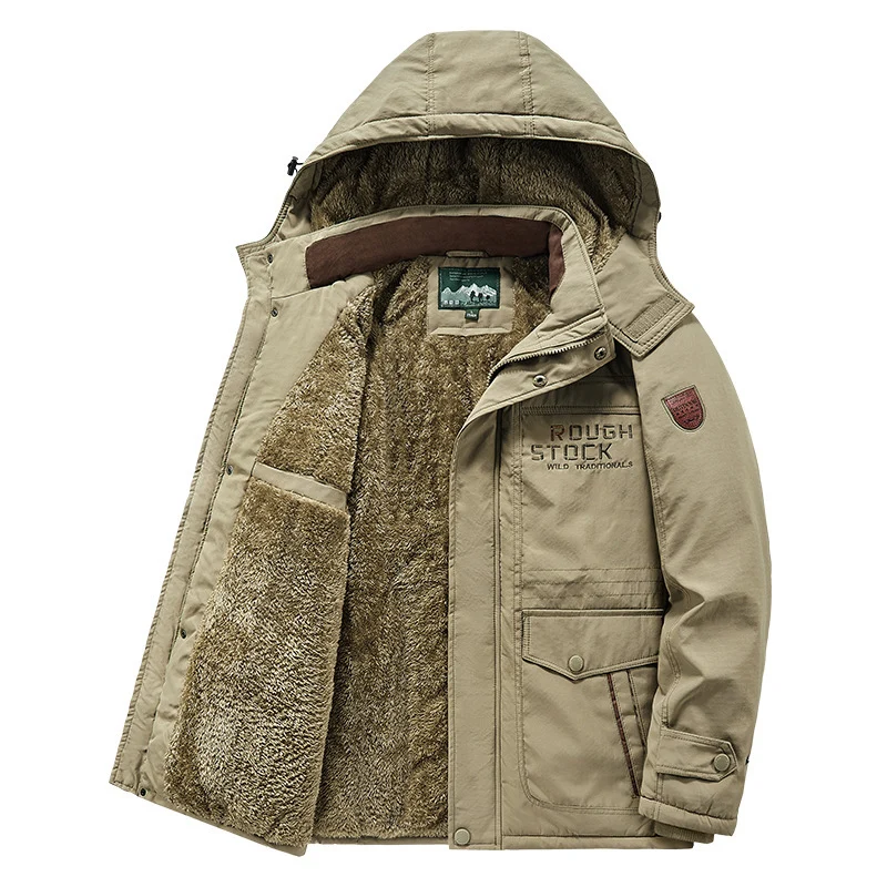 Herren wärmender gefütterter Kapuzenparka mit durchgehendem Teddyfleecefutter und Utility‑Taschen Drune