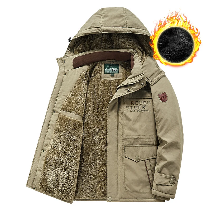 Herren wärmender gefütterter Kapuzenparka mit durchgehendem Teddyfleecefutter und Utility‑Taschen Drune