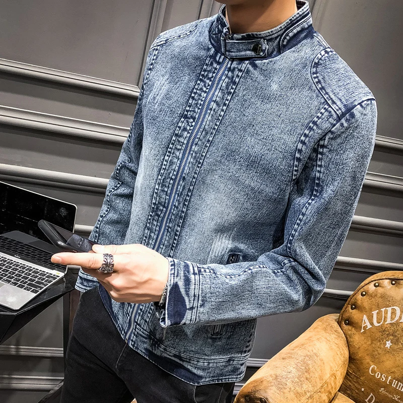 Herren vintagegewaschener Denimblouson mit Stehkragen und verdecktem Reißverschluss Drune