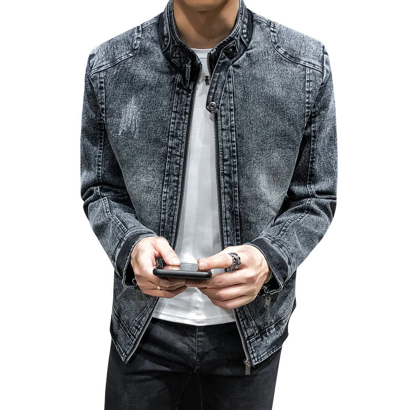 Herren vintagegewaschener Denimblouson mit Stehkragen und verdecktem Reißverschluss Drune