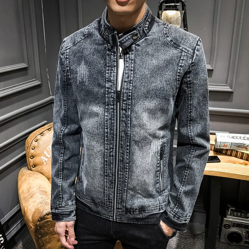 Herren vintagegewaschener Denimblouson mit Stehkragen und verdecktem Reißverschluss Drune