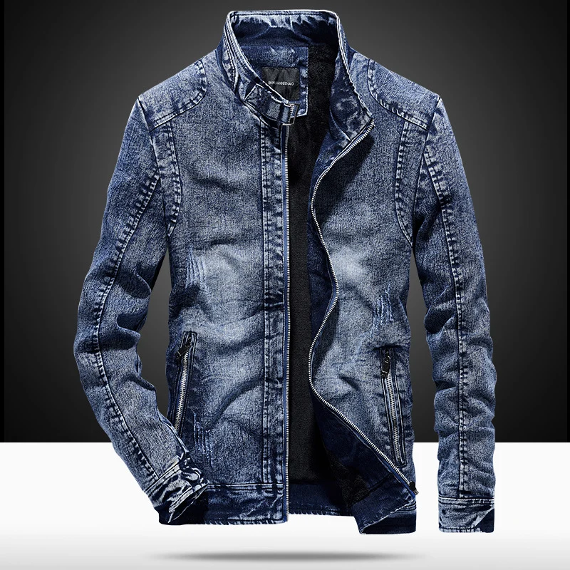 Herren vintagegewaschener Denimblouson mit Stehkragen und verdecktem Reißverschluss Drune