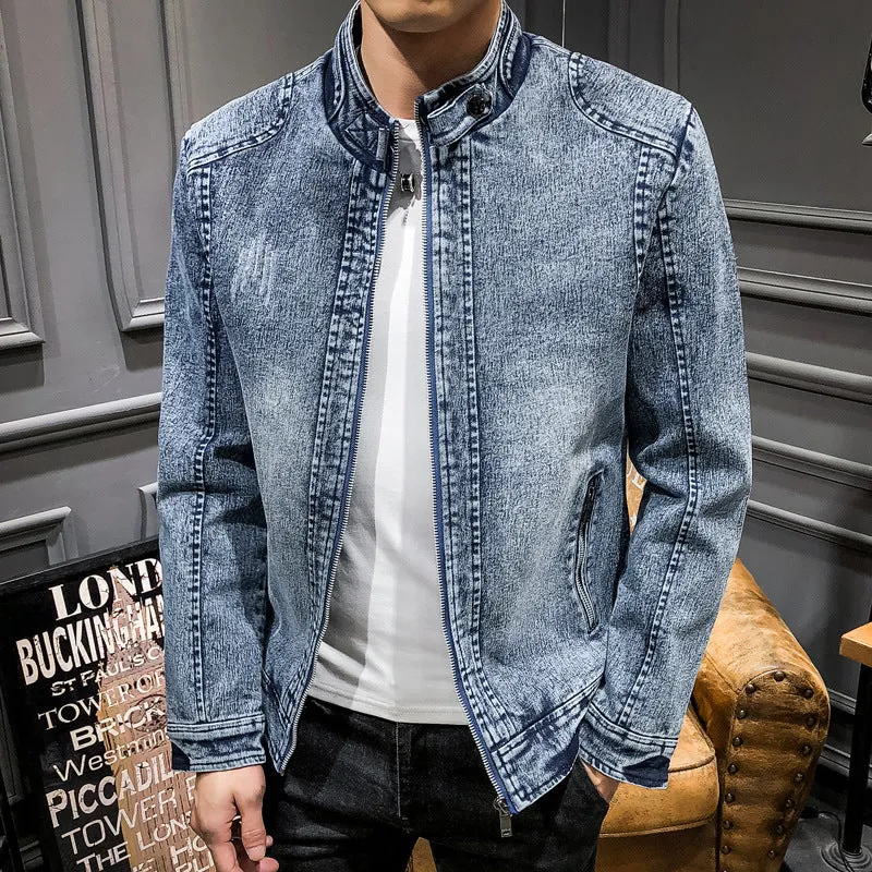 Herren vintagegewaschener Denimblouson mit Stehkragen und verdecktem Reißverschluss Drune