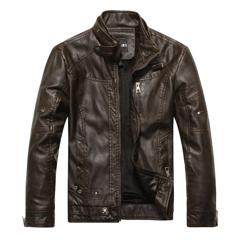 Herren Vintage-Lederoptik-Jacke im Bikerstil mit Stehkragen, Ziernähten und Reißverschluss-Details Drune